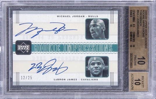 2003/04 UD Legends Throwback #MJ/LJ Michael Jordan/LeBron James Dual-Signed Card (#12/25) – BGS PRISTINE 10/BGS 10